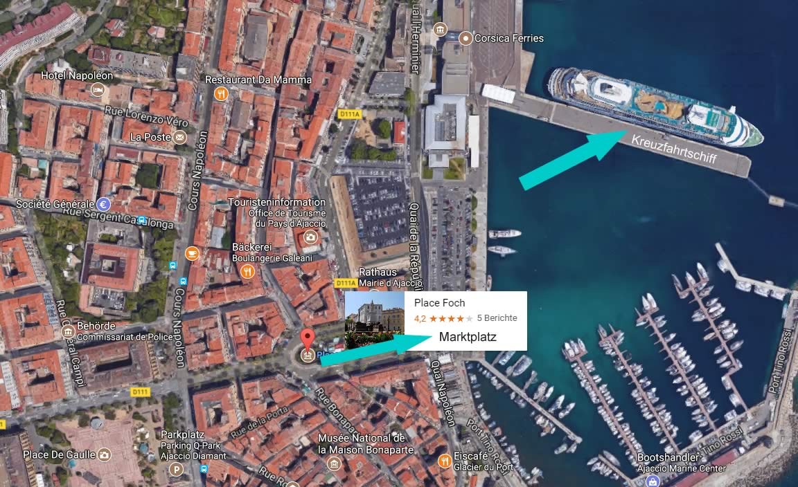 Vom Hafen Ajaccio Korsika in die Stadt zum Markt